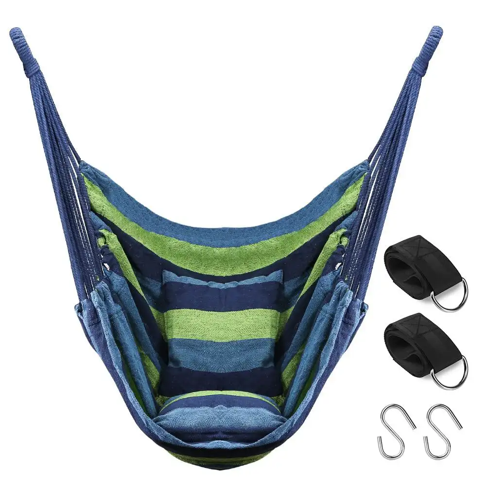 

Hanging Hammock Chair with 2 Cushions Porch Swing Support 330 lbs (Blue)