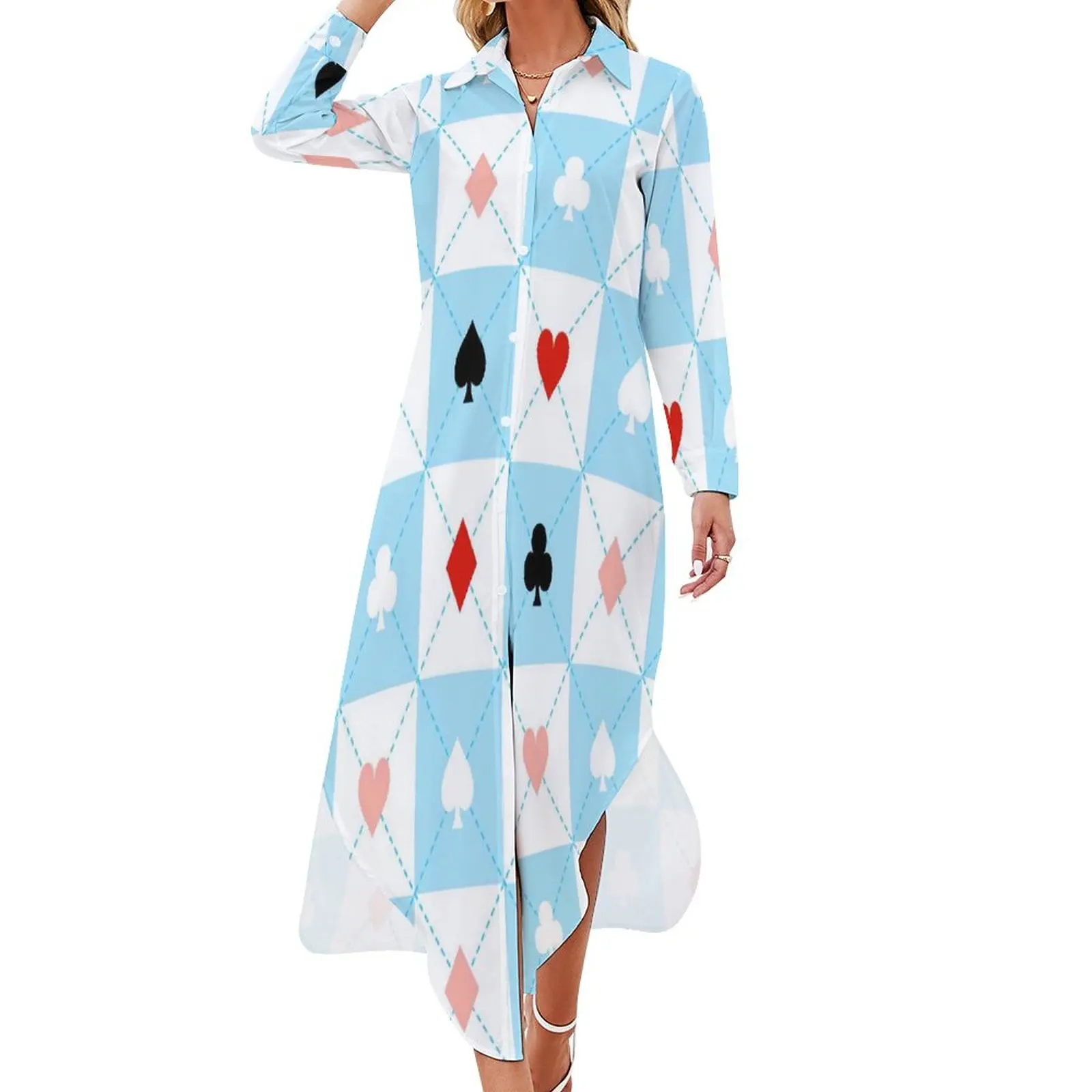 

Шифоновое платье в синюю и белую клетку с принтом сердца и покера, модное корейское Повседневное платье, женская сексуальная Дизайнерская одежда, 3XL, 4XL, 5XL
