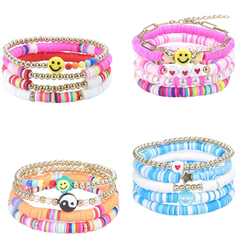 

Bohemian Unique Bracelet for Women Set Colorful Soft Pottery Smile Face Heart Pearl Creative Bracelet Jewelry Accessories Gift