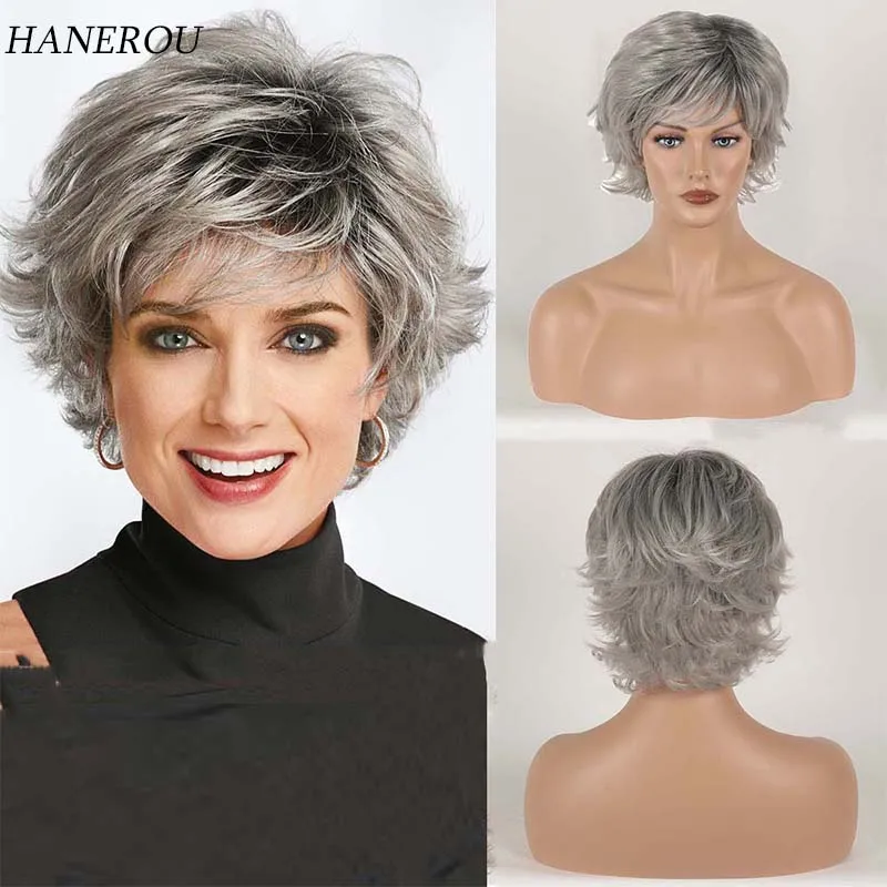 Синтетические парики короткие Серебристые серые темные кудрявые искусственные