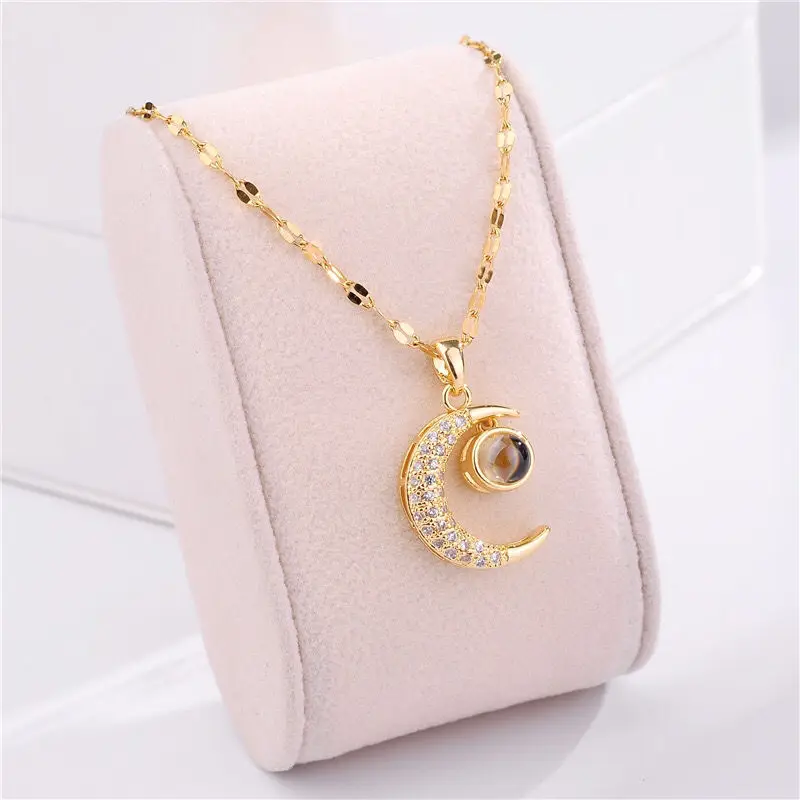

Stainless Steel Fashion Moon 100 Language Crescent Moon Star Charms Chain Choker Necklaces & Pendants for Women