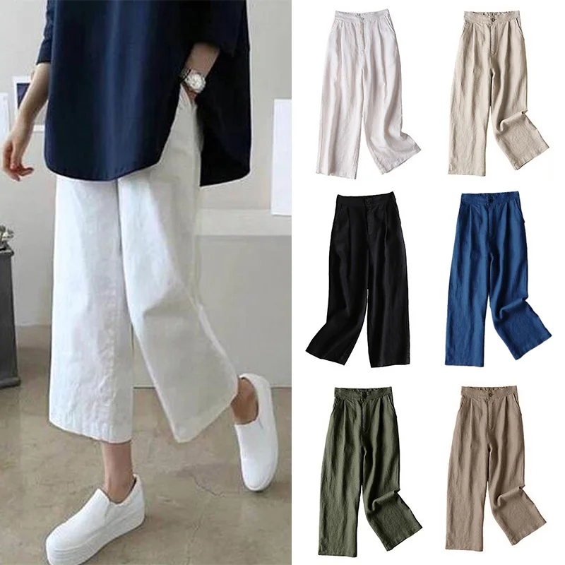 

Summer Women Pants Casual Solid Color Elastic Waist Cotton Linen Wide Leg Cropped Pants High Waist Female Soft Loose Trousers