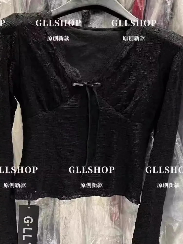 2024 Winter New Design Sense V-neck Lace Slim fit Slimming Versatile Bottoming Shirt Top Women Fashion