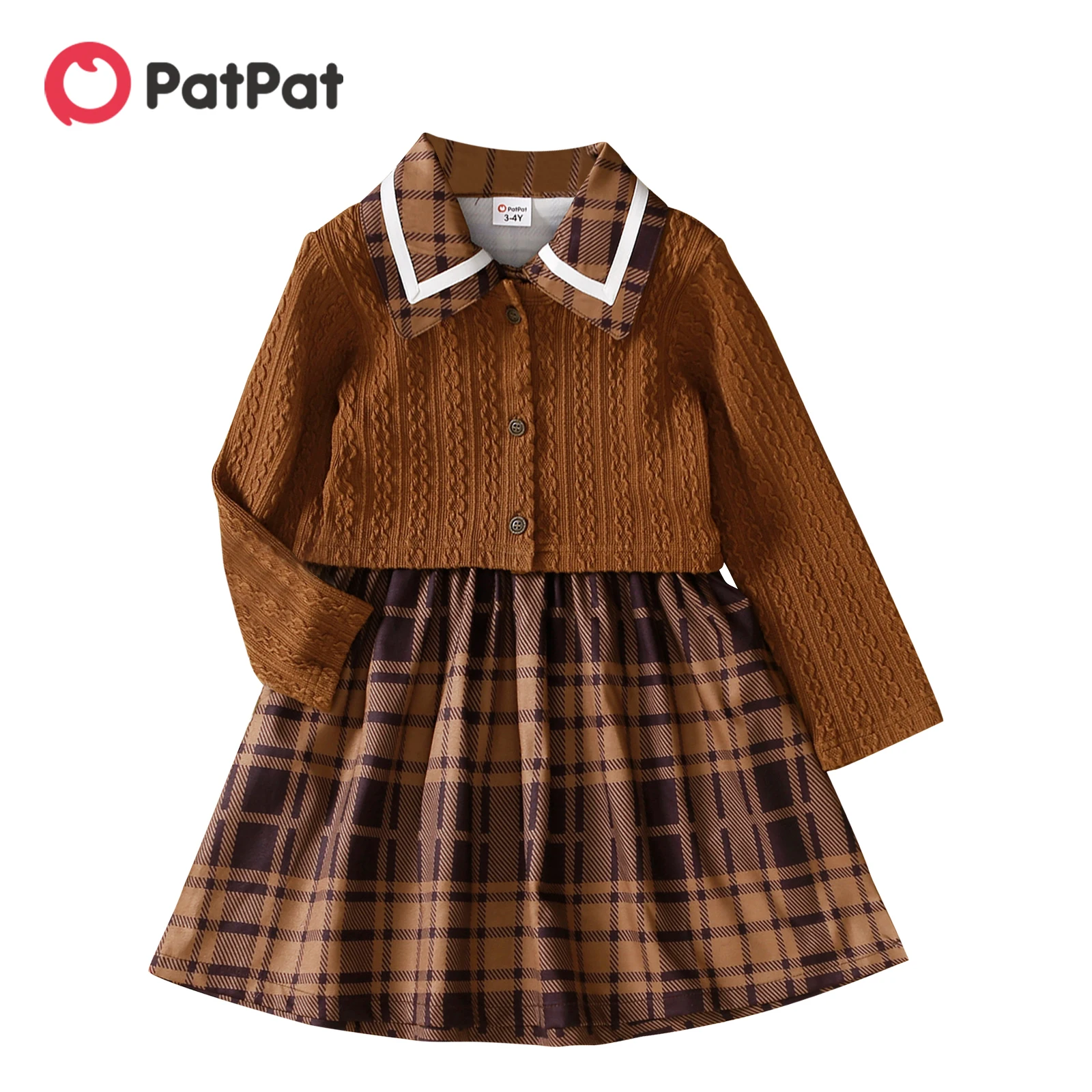

PatPat 2pcs Toddler Girl Lapel Collar Plaid Sleeveless Dress and Cable Knit Long-sleeve Cardigan Set