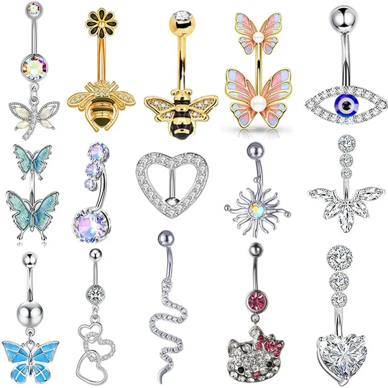 

Dainsty Dangled Belly Button Rings Surgical Steel 14G Bar Navel Piercing Ring Crystal CZ Bee Flower Heart Belly Ring Ear Jewelry