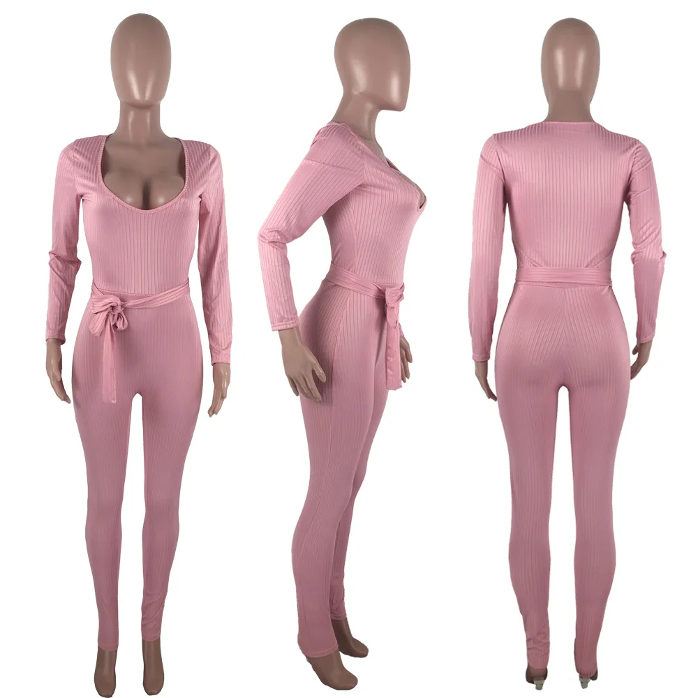 XM9127 Women's Sexy Jumpsuit Spring Autumn Streetwear Fashion Solid Color V-Neck Ribbed Bodysuit Women's Nightclub