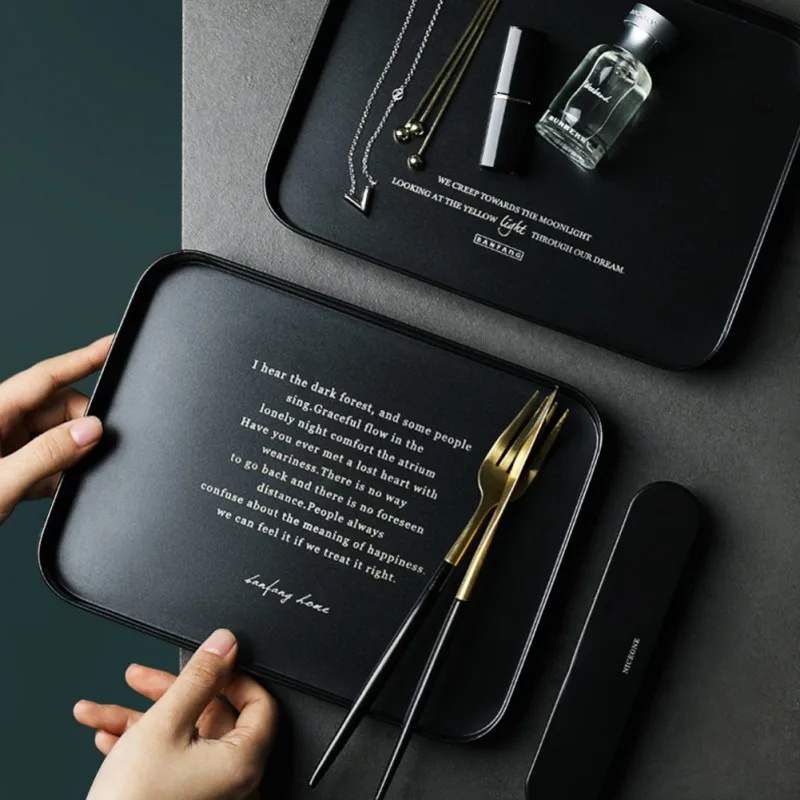 

Classic Black Laser Lettering Storage Tray Jewelry Dinnerware Decorative Small Serving Tray for Food Drink Black Serving Trays