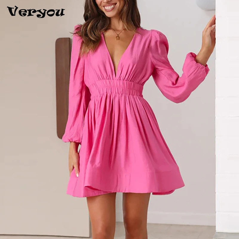 

2023 Elegant Deep V Neck 6 Color Long Sleeve Autumn New In Dresses For Women 2023 Sexy Pleated A-Line Party Mini Dress Vestidos