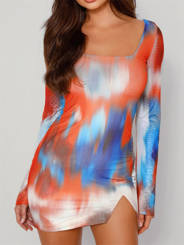 

CHRONSTYLE сексуальное женское мини-платье с цветным принтом 2022 облегающее платье с длинным рукавом и квадратным вырезом женские платья для веч...