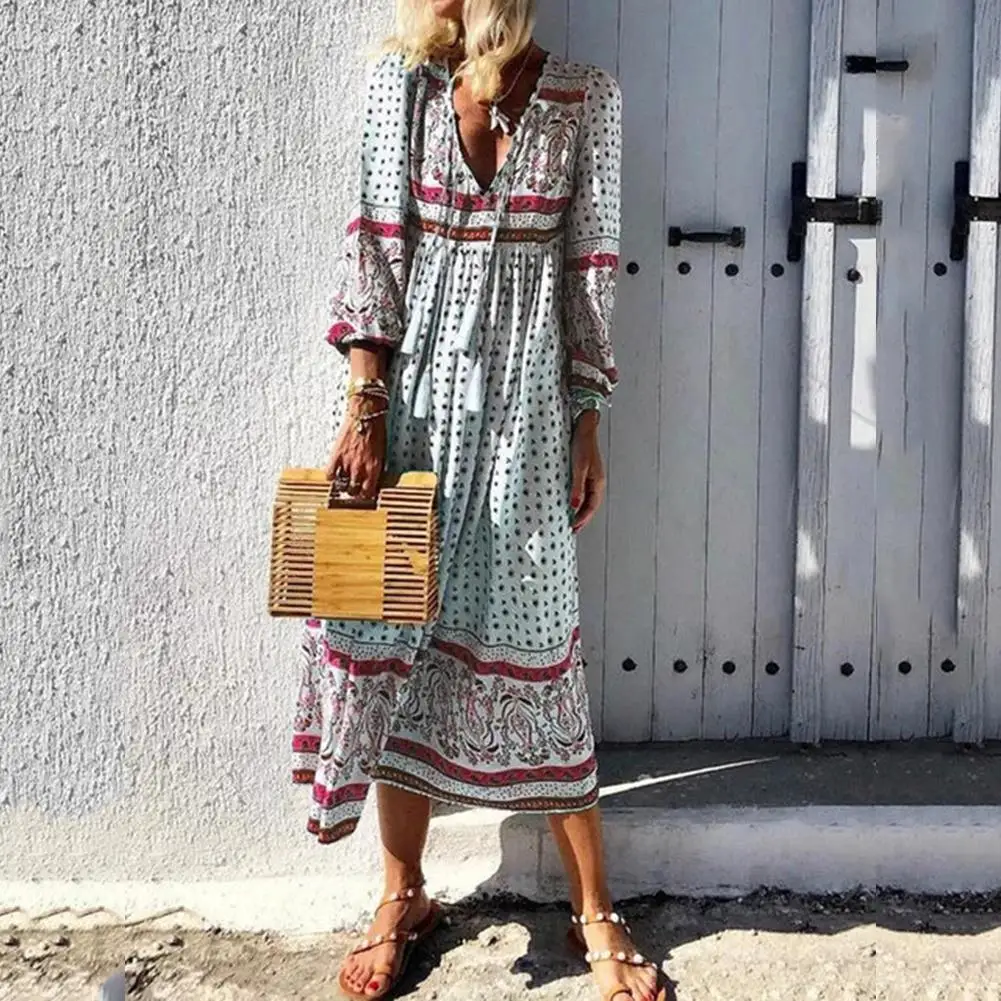 

Bohemian Printing Dresses Women Hot Selling Comfortable Exquisite Deep V-Neck Loose Ladies Beach Holiday Retro Style Dress