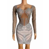 shining crystal sparkly rhinestones long sleeve sexy women sheath dress evening party club cloth stage singer costumes
