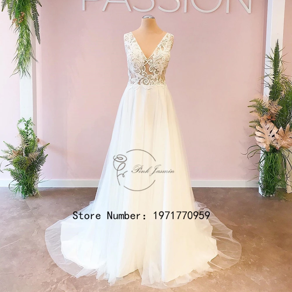 

Fashion V Neck Wedding Dresses For Bride Sleeveless 2023 Classic Applique Elegant Lace Bridal Gowns With Tulle Robe De Mariée