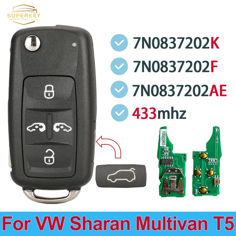 

7Н 0837202 K/F/AE для VW Volkswagen Sharan Multivan T5 Caravelle, 5 кнопок, спросите 433 МГц ID48, брелок с дистанционным откидным ключом 7N 0837202 Ф