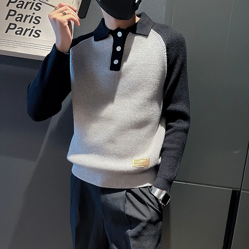 

2022 British Style Men Winter Warm Lapel Knit Wweaters/Men's Slim Fit Business And Leisure Knit shirt Homme Plus size S-3XL