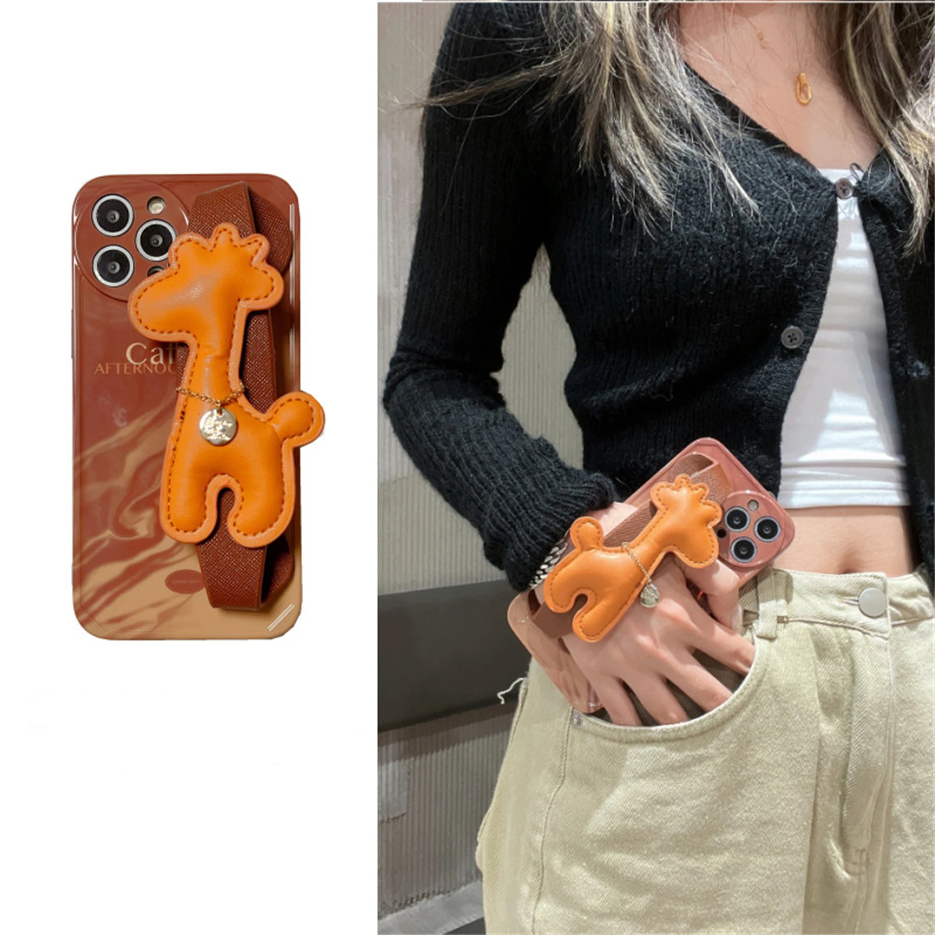 

Ins Brown Coffee Phone Case For Iphone 7 8 PLUS X XR XS 11 12 13 Pro Max Giraffe 3D Wristband Trend Wild Case For Women
