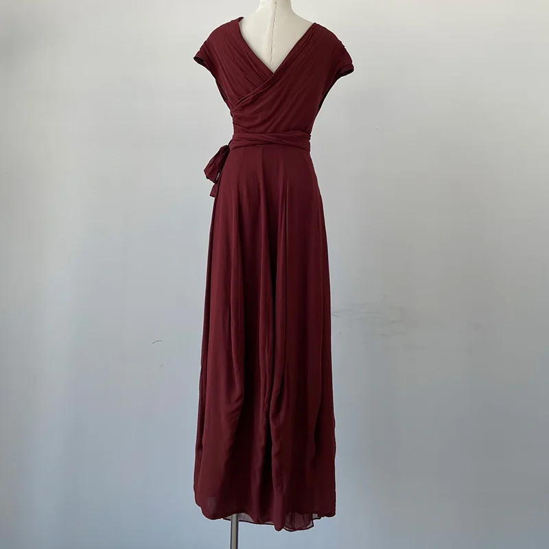 

23 Summer Women Vintage Maroon Dress High Quality Silk Blend V-neck Waist Lace-up Slim Casual Holiday Maxi Dress Runway Designer