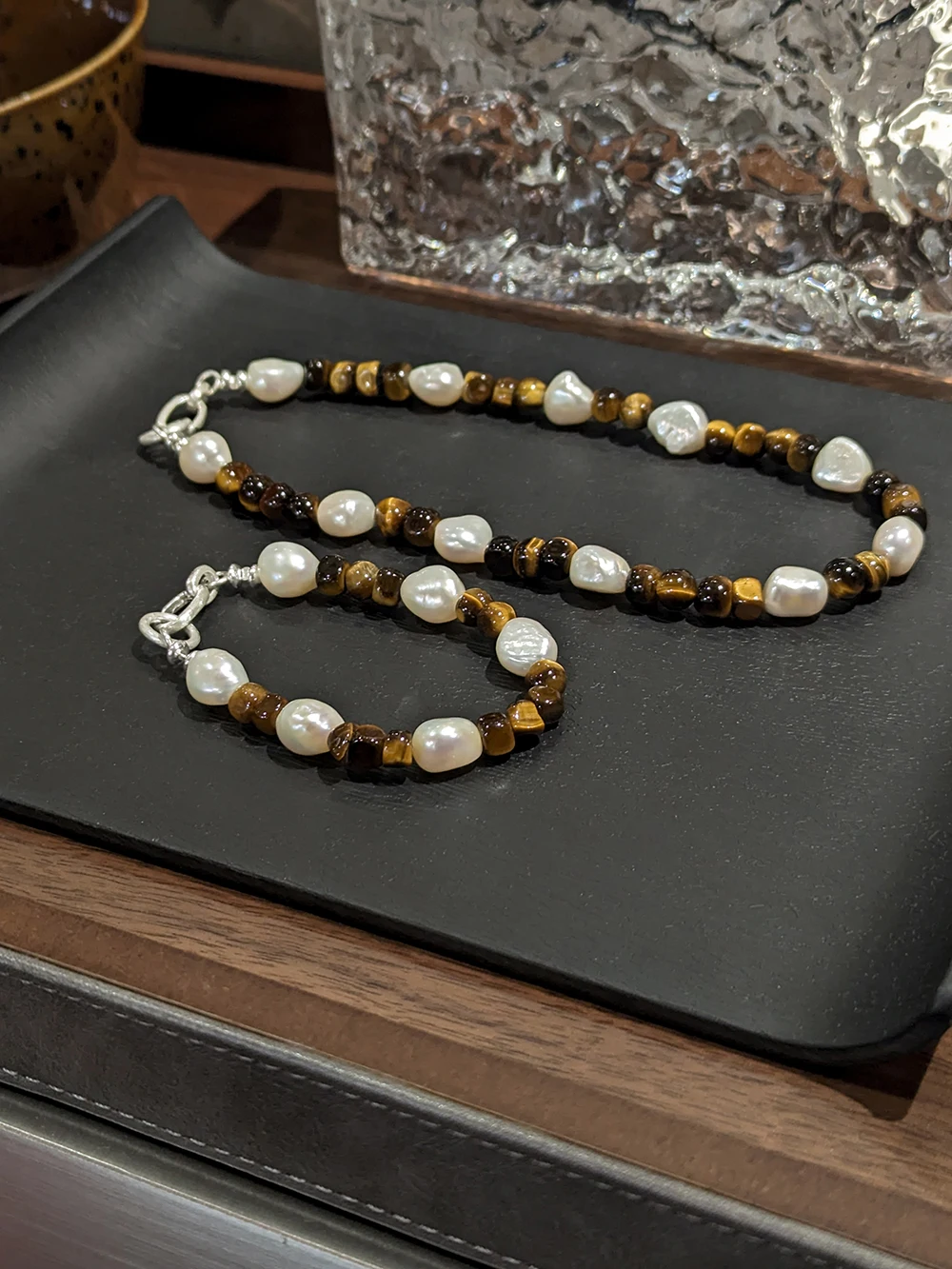 Женский комплект из жемчуга и браслета серебра 925 пробы