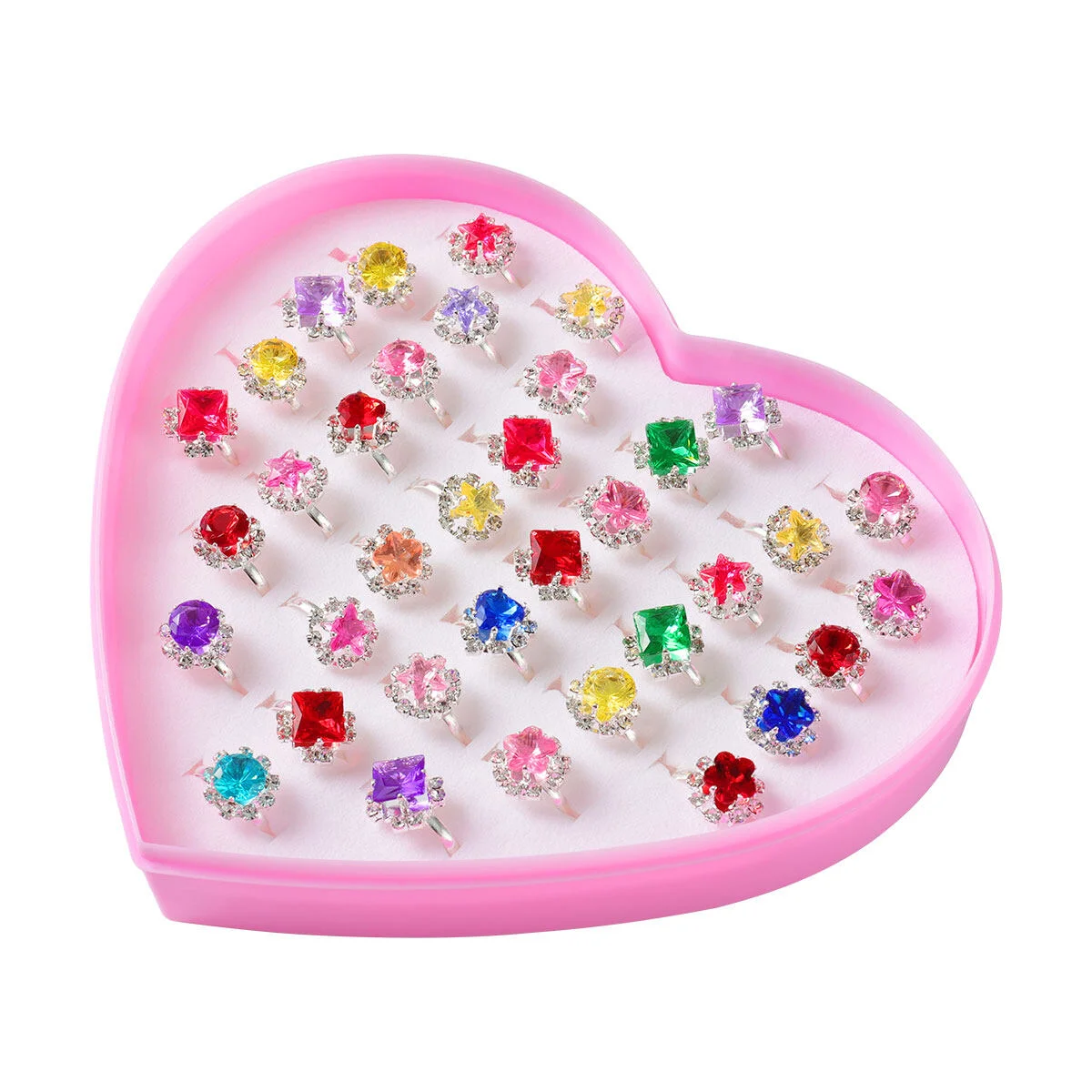 

36pcs Rinestones Set in Box, Childrens Rings Mixed Style Charming Dress Rings Jewel Rings for Toddlers