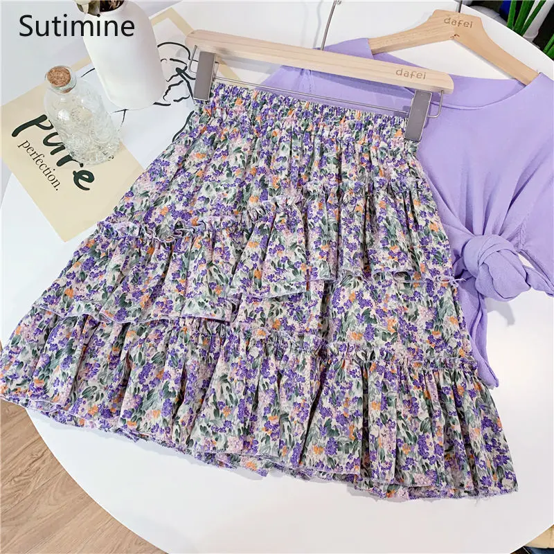 Sutimin Summer Women Skirts Shorts A-line Floral Printed Ruffle High Waist Skirts Women Cute Sweet Girls Dance Mini Skirt Kawaii