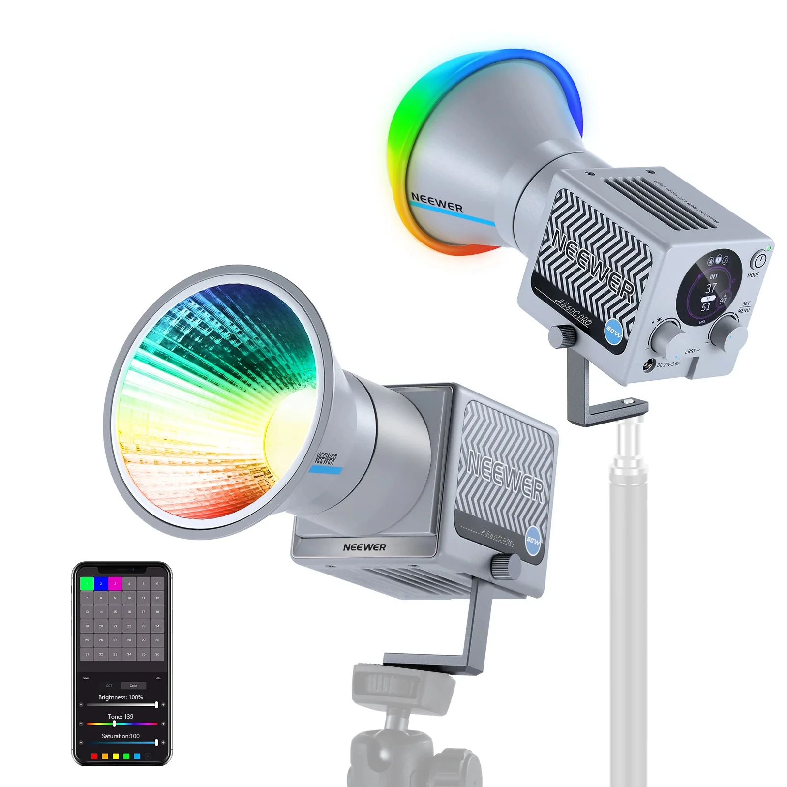 Фото Портативный RGB LED видеосвет NEEWER HS60C Pro 60W с управлением через приложение/DMX/панель, 2700-6500K, COB, постоянный световой поток для записи №1