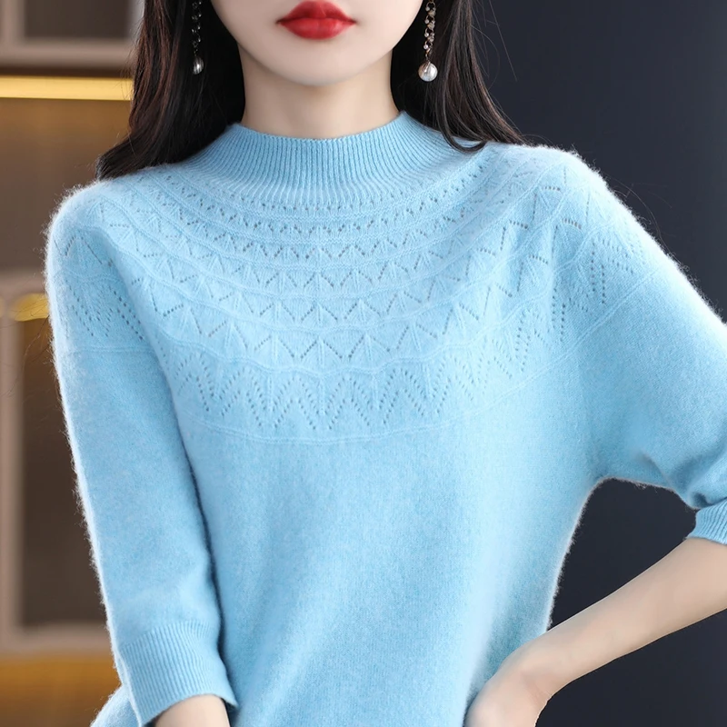 

Single-Thread Ready-to-Wear Spring And Summer New 100% Pure Wool Women's Pullover Short-Sleeved Sweater Solid Color Cut-Out Top