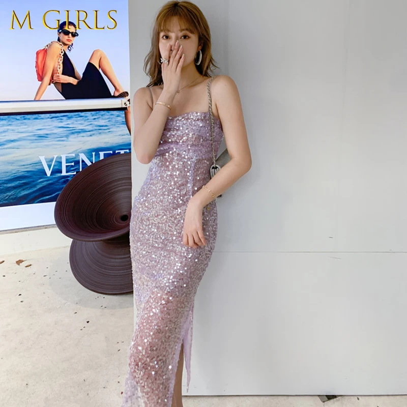 

Платье-миди с разрезом и блестками, на бретелях