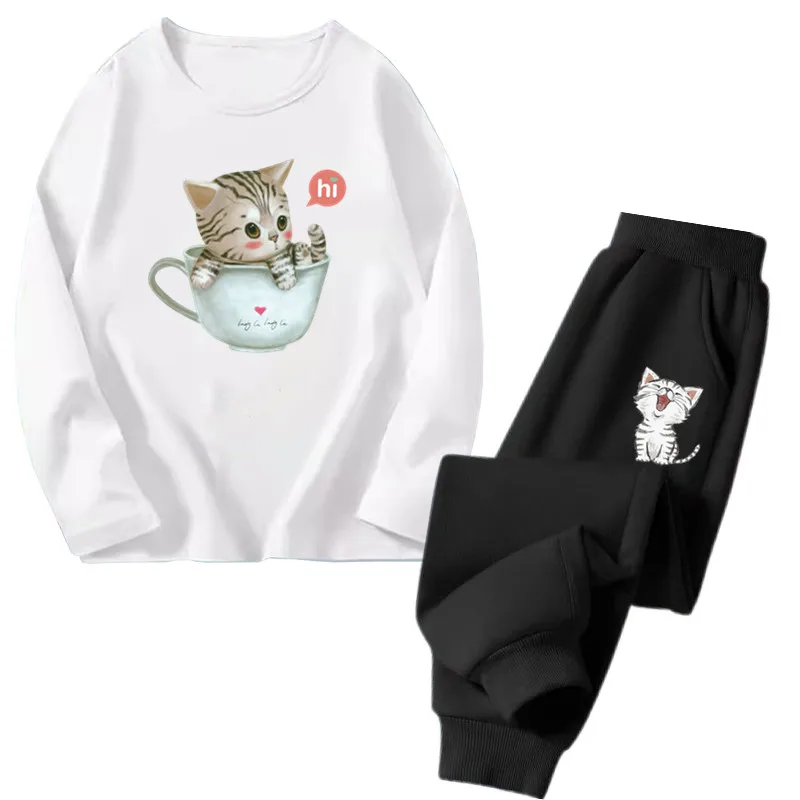 Комплект одежды для маленьких девочек 3-14 лет топ с милым котом и штаны длинными
