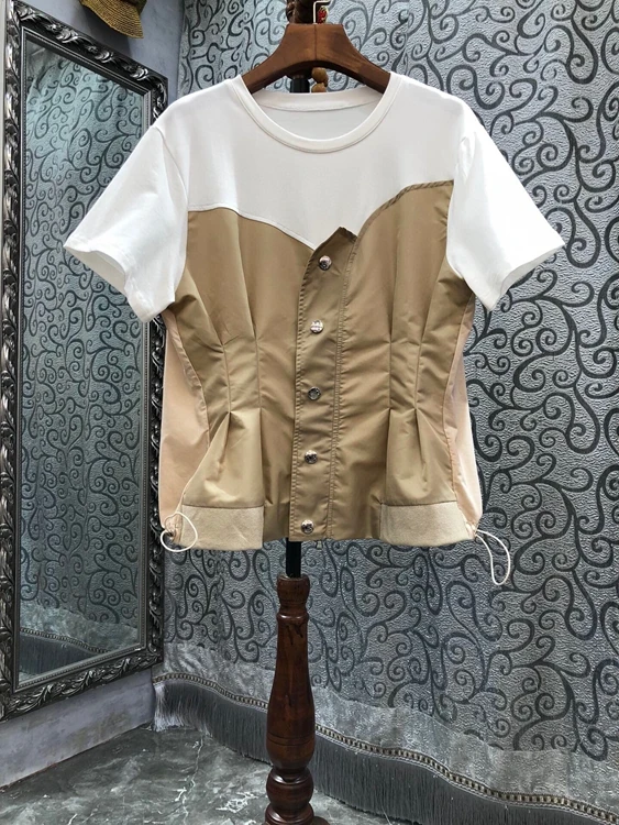 

2022 new women fashion round neck T-shirt stitching button drawstring pleated fashion all-match top 068