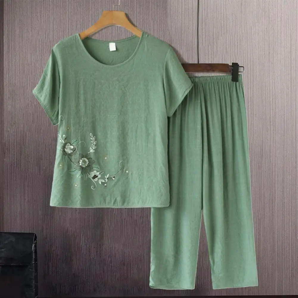 

2Pcs/Set Women Summer Suit Middle-aged Mother Casual Top Lady Cropped Pants Set Print Flower Women Bedtime Outfit Daily Outfit