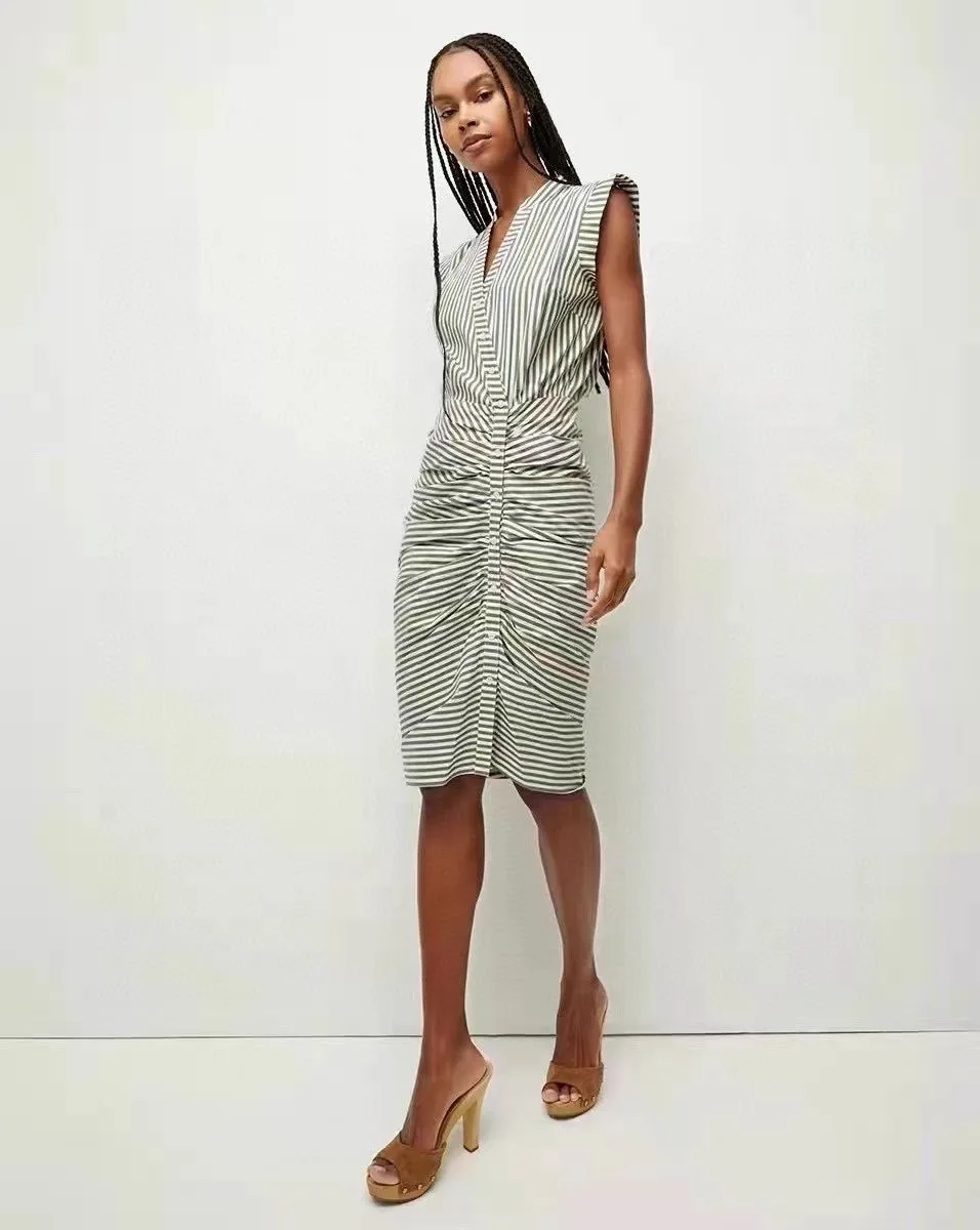 Women Stripes V-Neck Short Sleeve Folded Waist Slim Fit Midi Dress