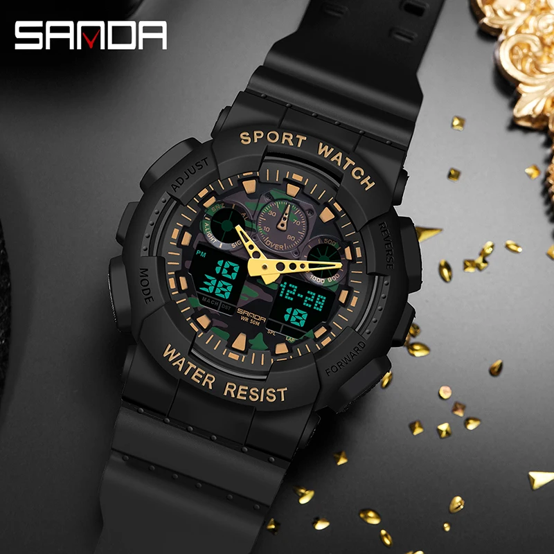 

SANDA Sports Mens And Womens Watches Fashion Luminous Dual Display HD LED Waterproof Watch New Couple Watch Automatic Calendar