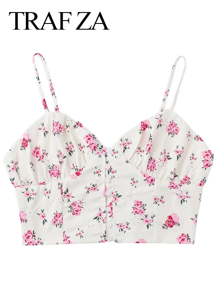 

TRAF ZA Floral Fashion Corset Elegant Flower Sling Vest Folds Short Lady Tube Top Button Open Back Elastic Slim Sexy Summer Wear