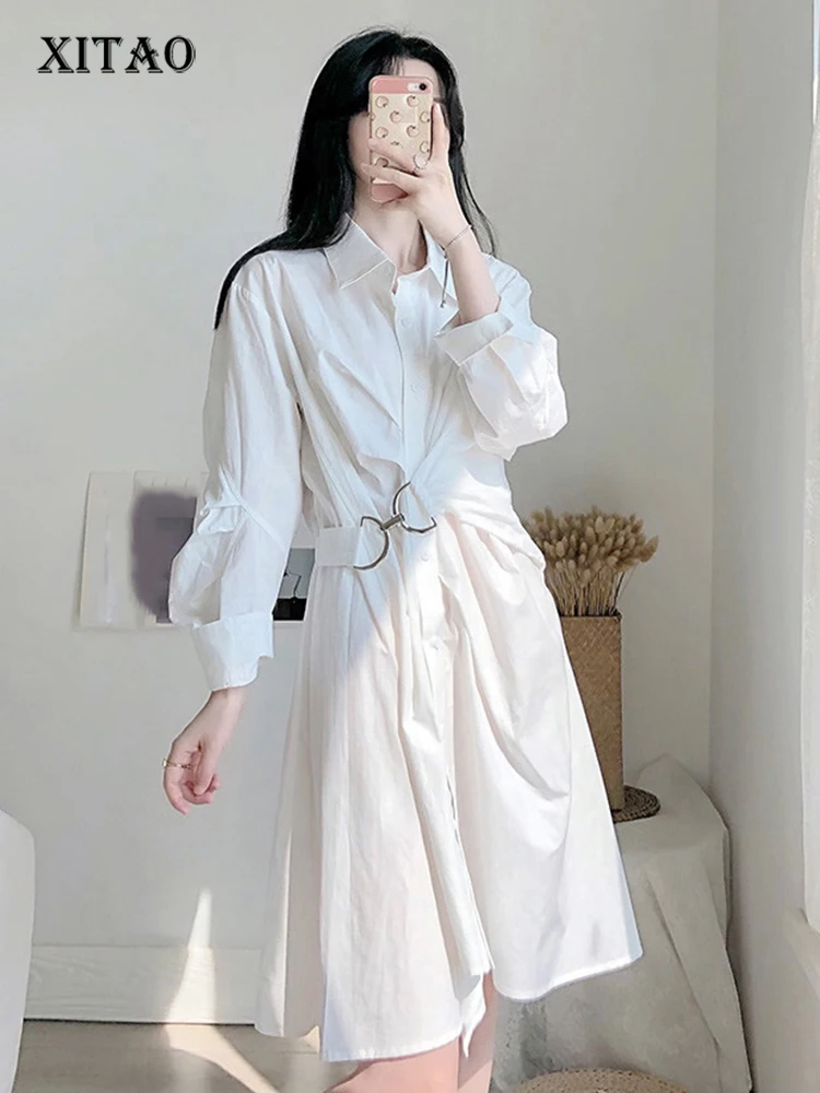 

XITAO White Collect Waist Dress Women Loose Fashion Simple Elegant Turn Down Collar 2020 New Autumn Green Dress Goddess DZL1583