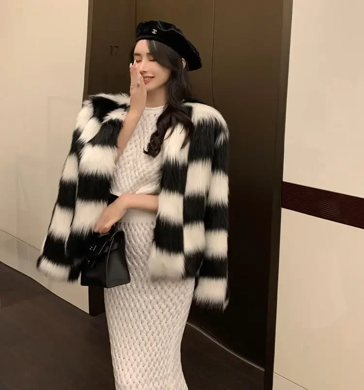 FANIECES черно-белое решетчатое женское пальто из искусственного меха элегантная