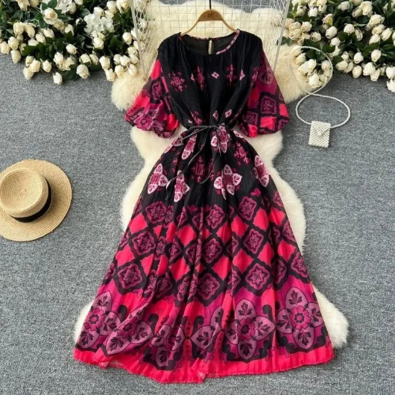 Модный европейский и американский стиль рукав-фонарик круглый вырез принт