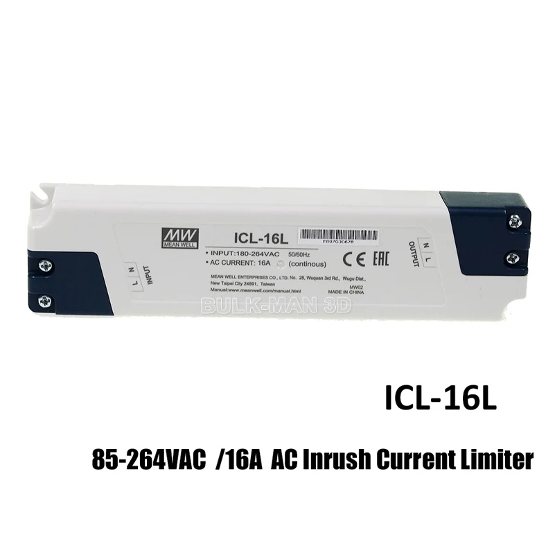 

Mean Well Switching Power Supply ICL-16L DIN Rail 16A Strip Type AC Inrush Current Limiter Built-in Thermal FuseBypass Relay