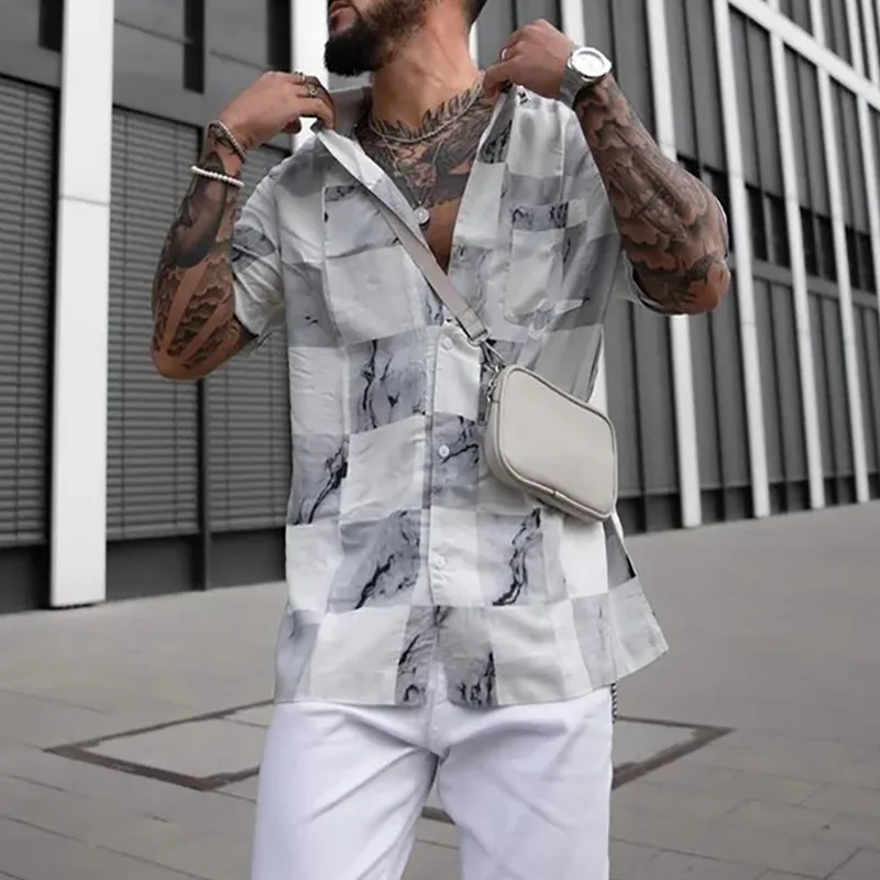Men Short Sleeve Hawaiian Shirt Men Loose Digital Printing Shirt Casual Single Breasted Turn-down Collar Beach Vacation Shirt