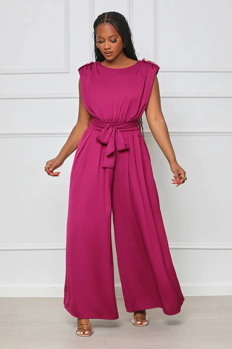 

Spring Fashionable Solid Color Jumpsuit Women's Round Neck Sleeveless Backless Wide Leg Pants Elegant Commuter Loose Jumpsuit
