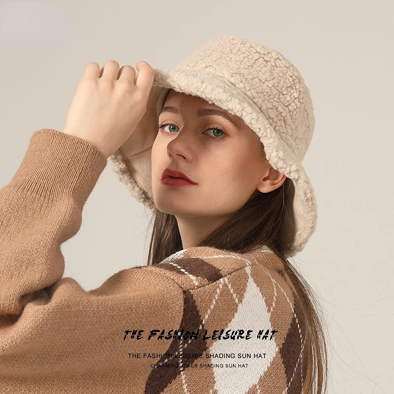 

Women Winter Bucket Hat Furry Outdoor Fisherman Cap, Vintage Suede and Wool Hat, Wear Both Sides