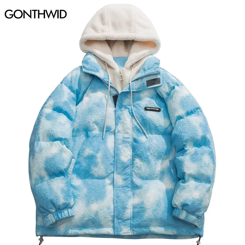 Men Winter Hooded Parka Jackets Streetwear Hip Hop Tie Dye Fuzzy Fluffy Hood Thick Warm Coats Harajuku Fashion Casual Outdoor