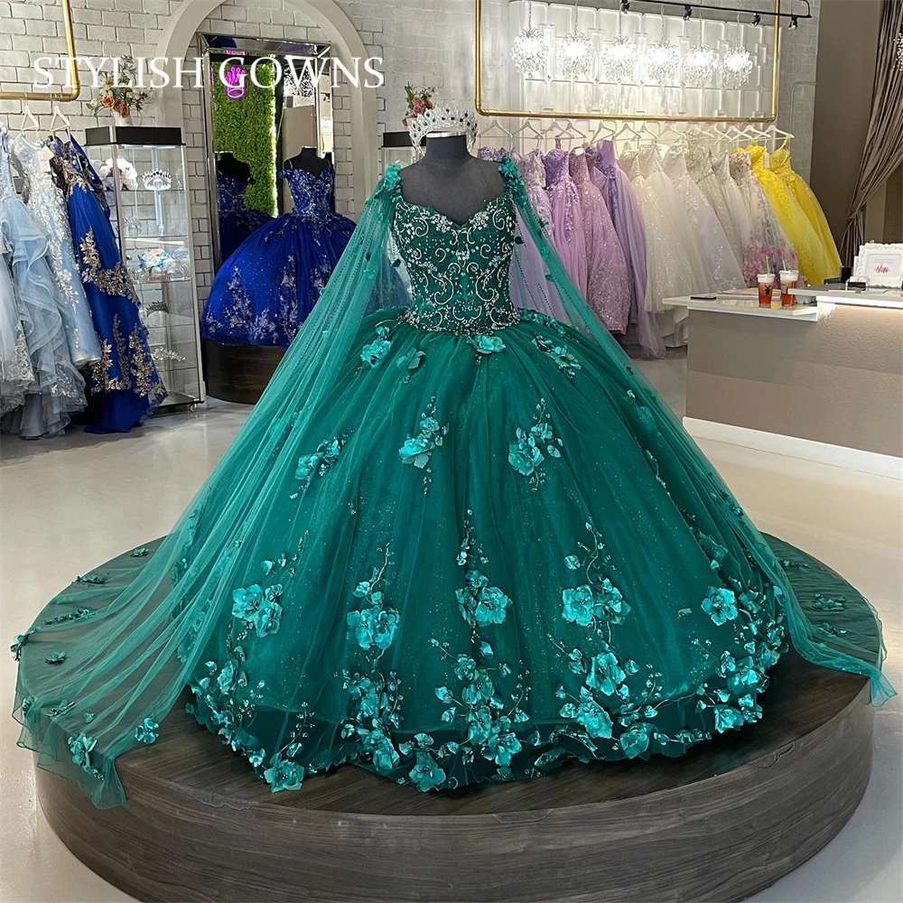 

Princess Green Sweetheart Ball Gown Quinceanera Dress For Girls Beaded 3D Flowers With Cape Birthday Party Gowns Prom Dresses
