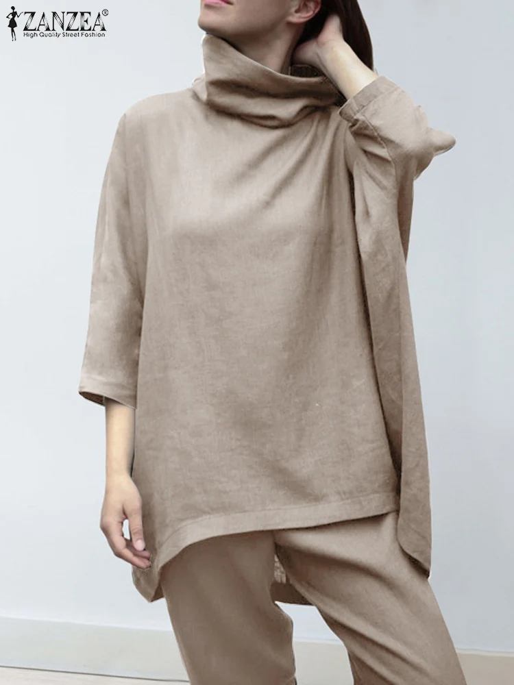 

Однотонная блузка-водолазка с длинным рукавом и боковым карманом, хлопковые Рабочие свободные женские брюки ZANZEA 2022, женский элегантный кос...