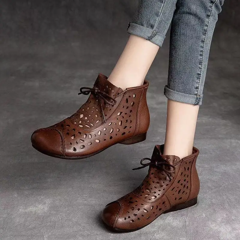 

Summer New Ethnic Style Breathable Women Boots Soft Sole All-match Hollow Out Women Casual Flat Boots