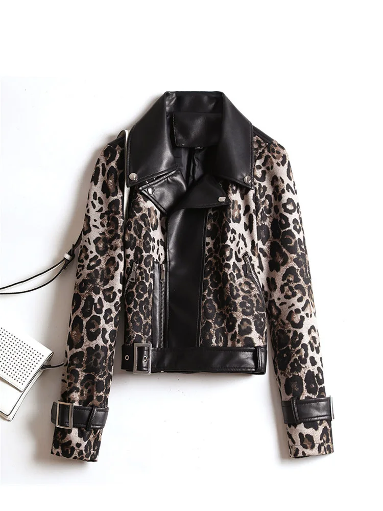 New Women Leather Jacket Spring Autumn 2022 Classic Leopard Zipper Biker Coat Loose Short Sheepskin Jacket Female Outerwear