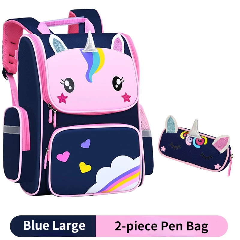 3 Piece Children Unicorn Cartoon Primary School Pen Bags for Boy Girl Lovely Princess Backpacks Grades 1-6 Large Capacity Travel