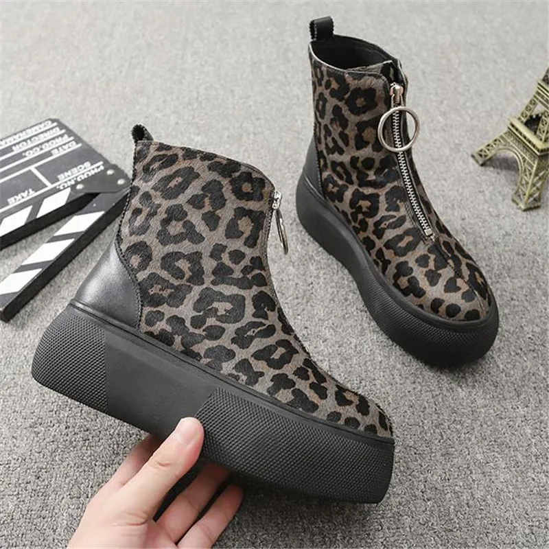 

Good Quality Women's Boots New Style Autumn Winter Shoes Leather Horse Hair Leopard Platform Boots Front Zipper Short Boots