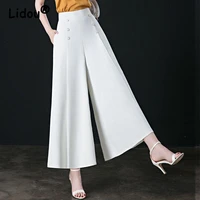elegant elastic high waist wide leg pants for women commuter office lady casual fashion solid pockets black trousers summer 2022