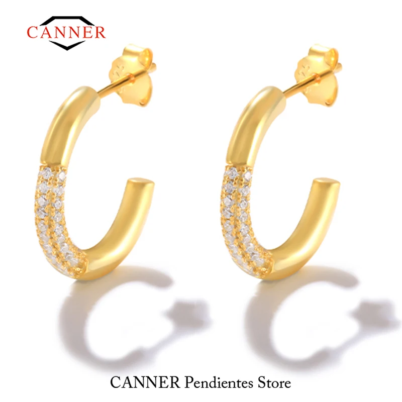 

CANNER Pendientes Luxury Cubic Zirconia 925 Sterling Silver Piercing Cartilage Stud C-shaped Earrings for Women Wedding Jewelry