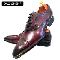 daochen luxury mens shoes black red lace up cap toe casual men dress shoes office wedding genuine leather oxford shoes for men