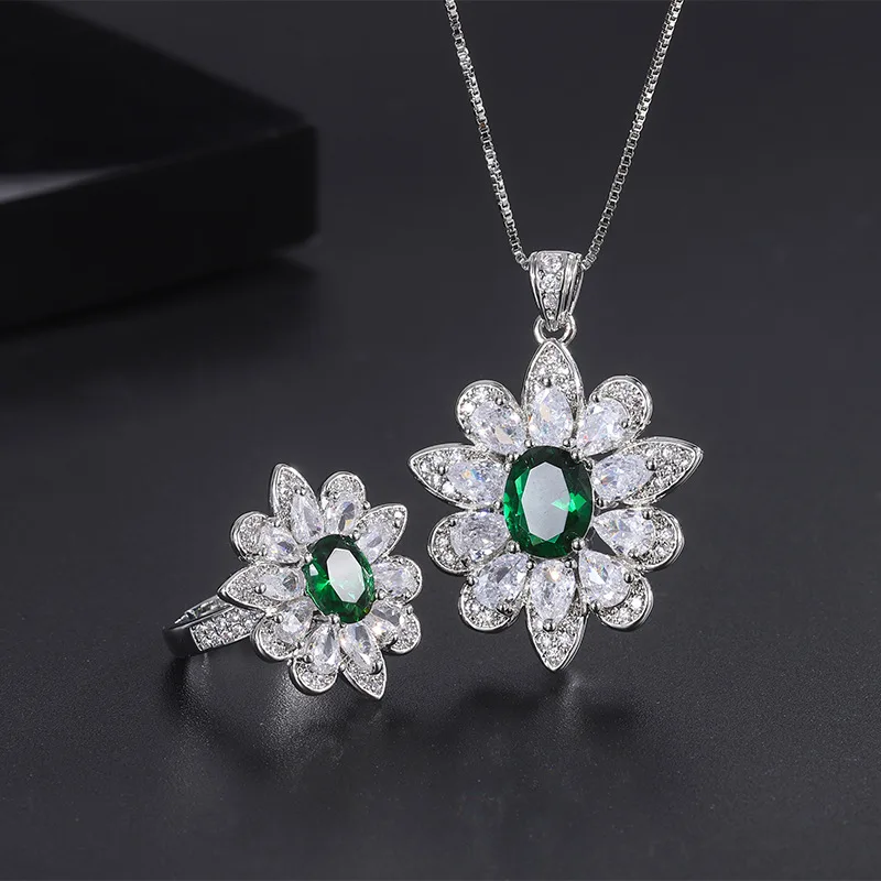 

Trendy Luxury Brand Engagement Rings Women Jewelry Emerald Sun Flower Drop Crystal Necklace Set Party Anniversary Gift Vintage
